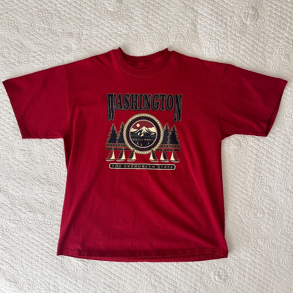 Washington State Graphic T-Shirt Tee Vintage XL Red Mountains Sail Boat